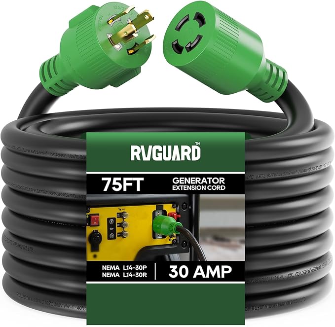 RVGUARD 4 Prong 30 Amp 75 Foot Generator Extension Cord NEMA L14-30P/L14-30R 125/250V Up to 7500W 10 Gauge SJTW Generator Cord with Cord Organizer ETL Listed