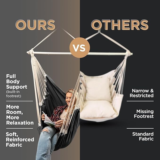 Hanging Hammock Chair Swing – Hanging Chair Outdoor &amp Indoor - Hammock Swing Chair – Quick &amp Easy Setup with Hardware Kit – Durable &amp Spacious Full Body Support with 2 Plush Cushions – Hol