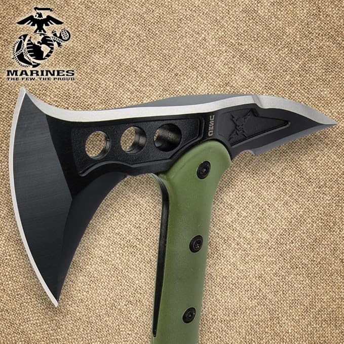 USMC Tactical Tomahawk | 2Cr13 Stainless Steel Head | 3 7/8 Blade and Curved Spike | Fiberglass and Nylon Reinforced Handle | Cord Handle Wrappings | Custom Blade Sheath | 15 1/2 Overall Length