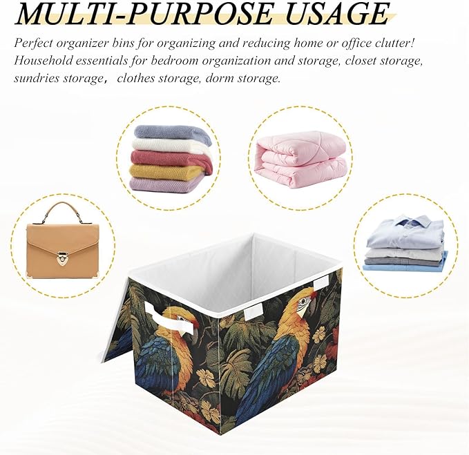 Storage Cube with Lid Jungle Parrot Print 16.5×12.6×11.8 IN Collapsible Large Capacity Foldable Storage Basket Bin Organizer