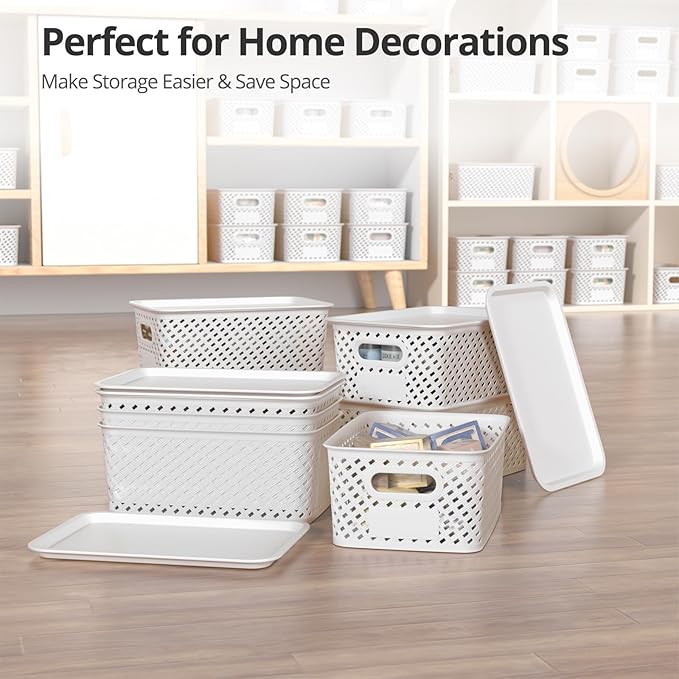 Plastic Storage Bins with Lid Stackable Small Box Basket for Organizing and Containers for Shelves Drawers Desktop Closet Playroom Pantry Classroom Office Home 8-pack 10.2x7.2x4.1 Inch White