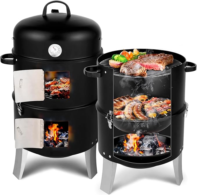 LEADZM 3-in-1 Vertical Charcoal Grill Outdoor BBQ Charcoal Smoker with Built-in Thermometer Air Vent and 2 Access Doors Perfect for Camping Picnics Backyard BBQs and Tailgating Parties