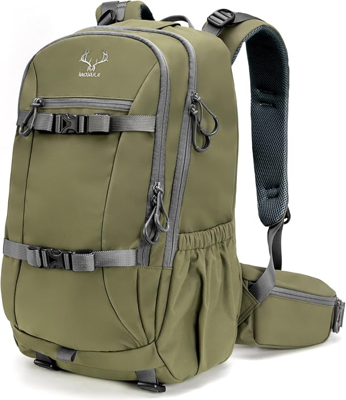 MOXULE Hunting Backpack Waterproof Pack: 25L Hunting Gear with Rain CoverHunting Day Pack with Rifle Bow Gun Holder (Green)