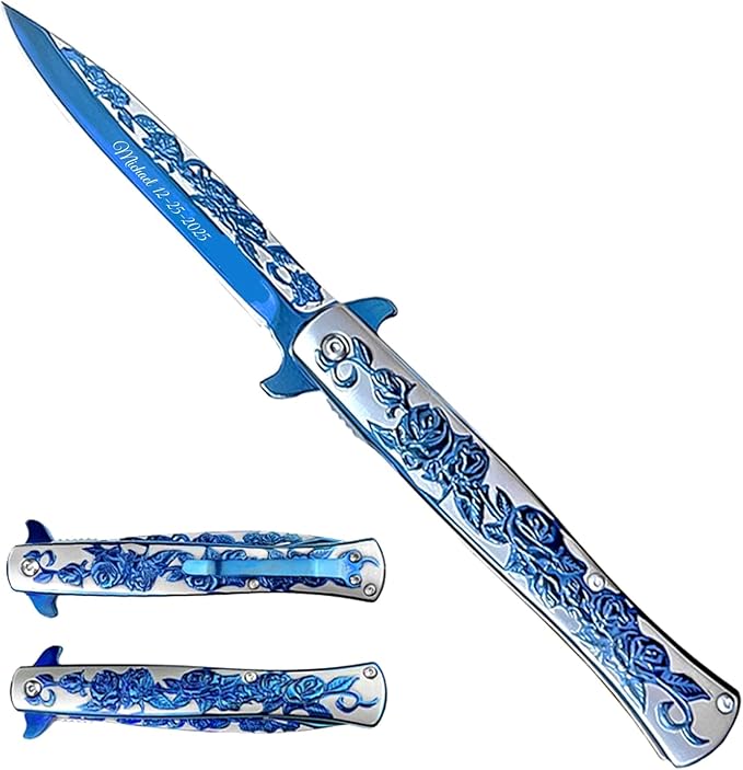 Custom Black or Blue Rose Folding Pocket Knife – Personalized Engraved Tactical Pocket Knife Gift for Him Husband Dad Boyfriend Groomsmen