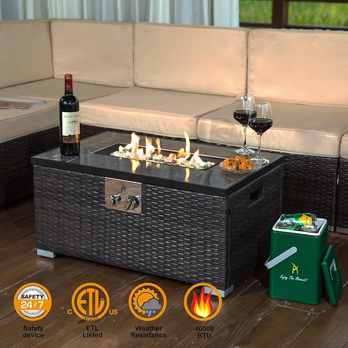 32'' Propane Fire Pit Table Marble Textured Ceramic Tabletop 50000 BTU Fire Table with Brown Wicker Mix Color Glass Rocks Including Lid&ampCover Rectangle Tank Required to Be Kept Outside