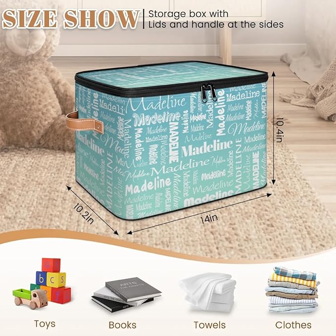 Custom Storage Basket with Name Personalized Keepsake Box with Zipper Lid Foldable Fabric Memory Bin Large capacity with Handle Grey Blue Green