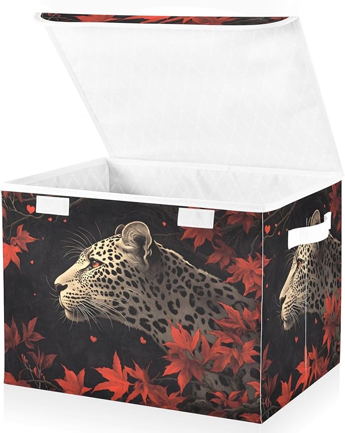AIXIWAWA Lidded Storage Cube (Leopard Leaves) Fabric Foldable Closet Bins with Flip Lid and Handles Organizer Basket Container 16.5 x 12.6 x 11.8 IN