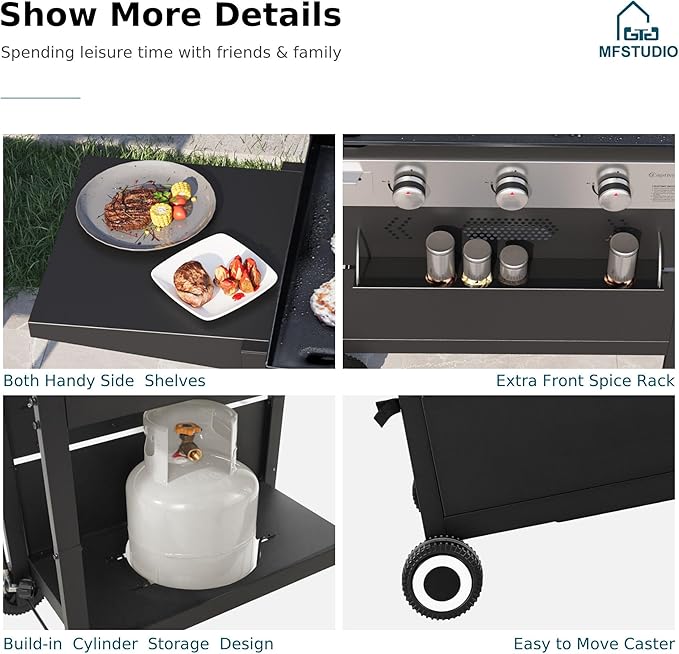 MFSTUDIO Flat Top Grill with Ceramic Coated Cast Iron Griddle 3-Burner Propane Gas BBQ Griddle Grill Outdoor Barbecue Grill33000 BTUBlack