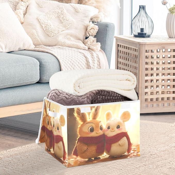 AIXIWAWA Lidded Storage Cube (Love Bunny) Fabric Foldable Closet Bins with Flip Lid and Handles Organizer Basket Container 16.5 x 12.6 x 11.8 IN