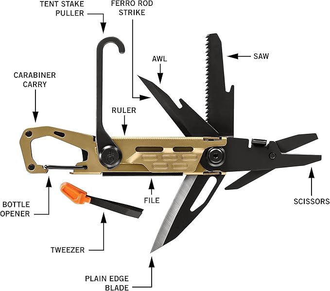 Gerber Gear Stake Out 11-in-1 Multi-tool - 2.2 Plain Edge Blade Tent Stake Puller Carabiner Carry - EDC Gear and Equipment - Bronze