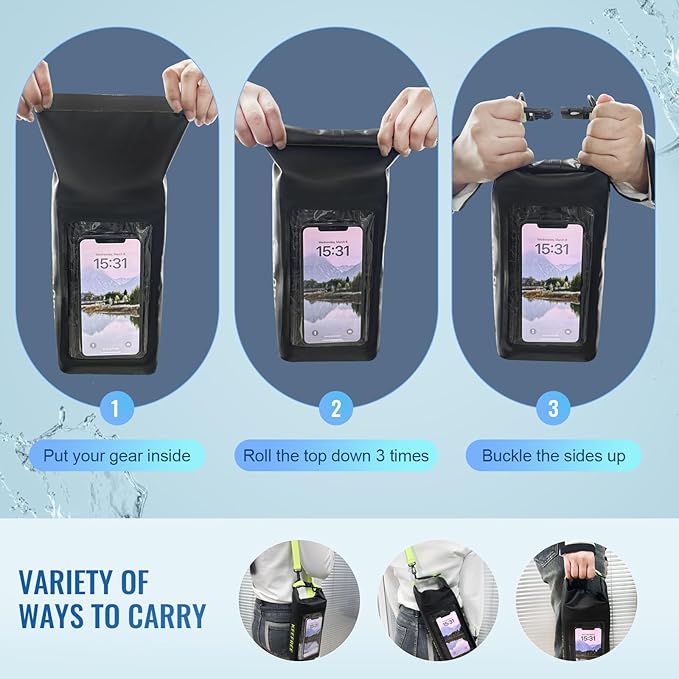 Waterproof Dry BagRoll Top Waterproof Backpack Phone Case Pouch for TravelKayakingRaftingCampingSurfingBoatingHikingBeach and Fishing (2 L Black+Black)