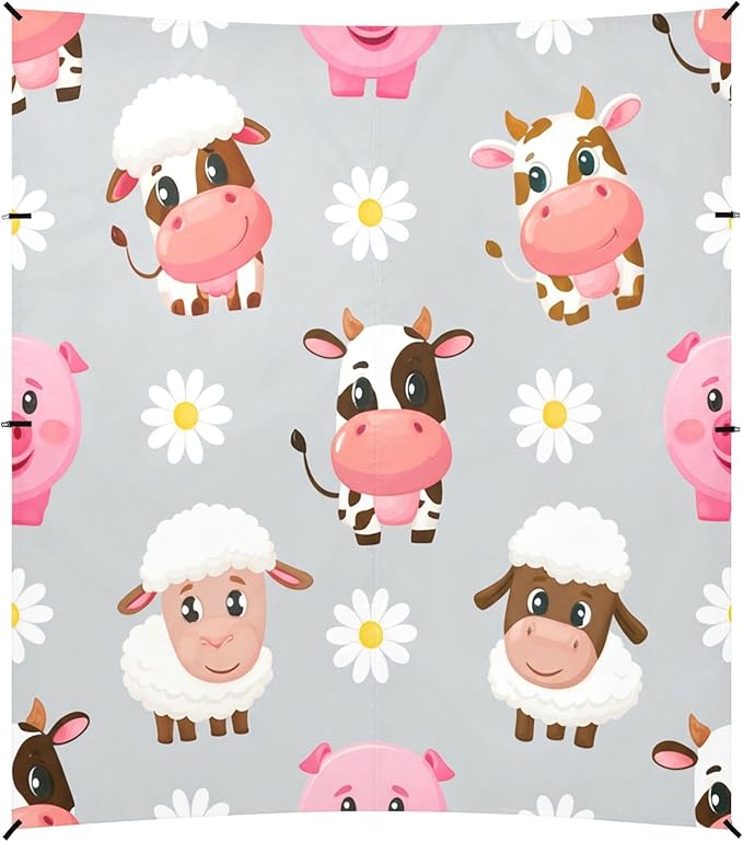 Cartoon Cows and Sheep Beach Canopy Sun Shelter with Sandbags &amp Sand Shovel &amp Windproof Ropes - Portable 110x126 Beach Shade Beach Tent for Camping Picnics