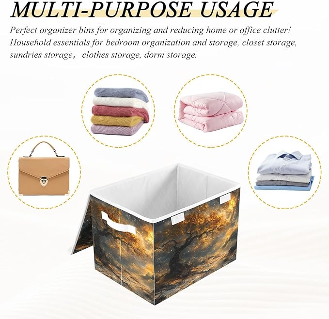 AIXIWAWA Lidded Storage Cube (Gold Landscape) Fabric Foldable Closet Bins with Flip Lid and Handles Organizer Basket Container 16.5 x 12.6 x 11.8 IN