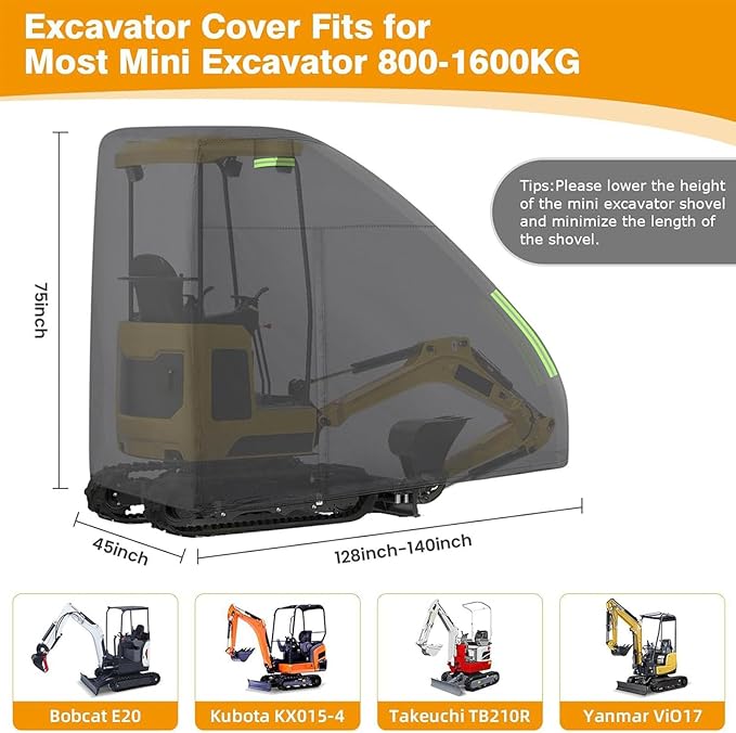 Fafeicy Mini Excavator Cover for 800-1600kg 210D Oxford Fabric Zippered Black Fits Mini Excavators Approx. 355.6 x 114.3 x 190.5cm