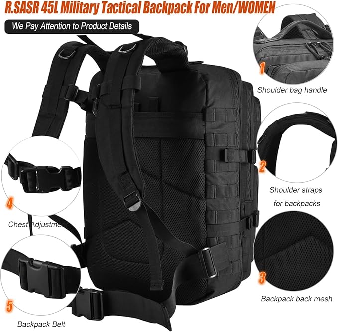 45L Tactical Backpack for Men Women Military Assault Pack with MOLLE Large 3 Day Bug Out Bag for Hiking Camping
