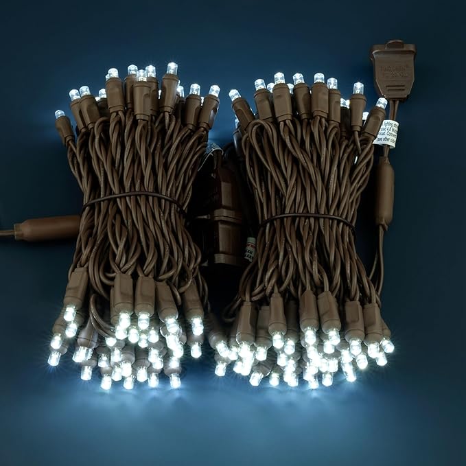 Cool White Wide Angle One-Piece LED Christmas Lights 48 Feet 140 Count Pack of 2 Strands 70ct 5mm High Waterproof UL Certified Brown Cord String Lights