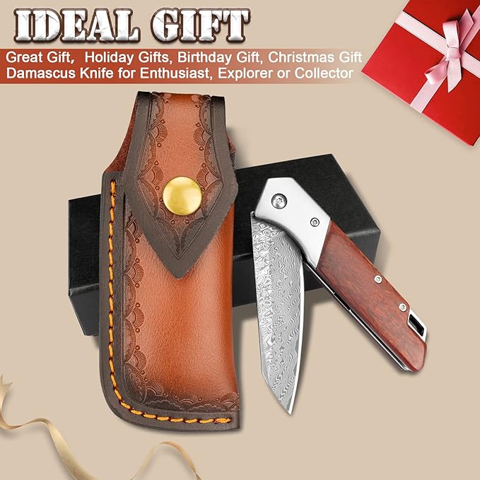 KOMWERO Damascus Pocket Knife with Clip Leather Sheath 3.14 inch Sharp Damascus Steel Knife with Rosewood Handle EDC Damascus Folding Knife for Men Women Camping Collection