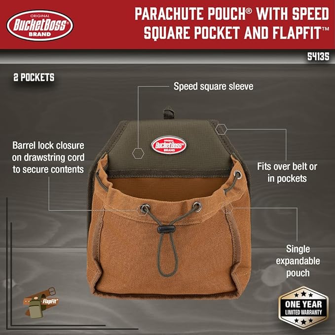 Bucket Boss Parachute Pouch with Speed Square Pocket and Flap Fit in Brown 54135