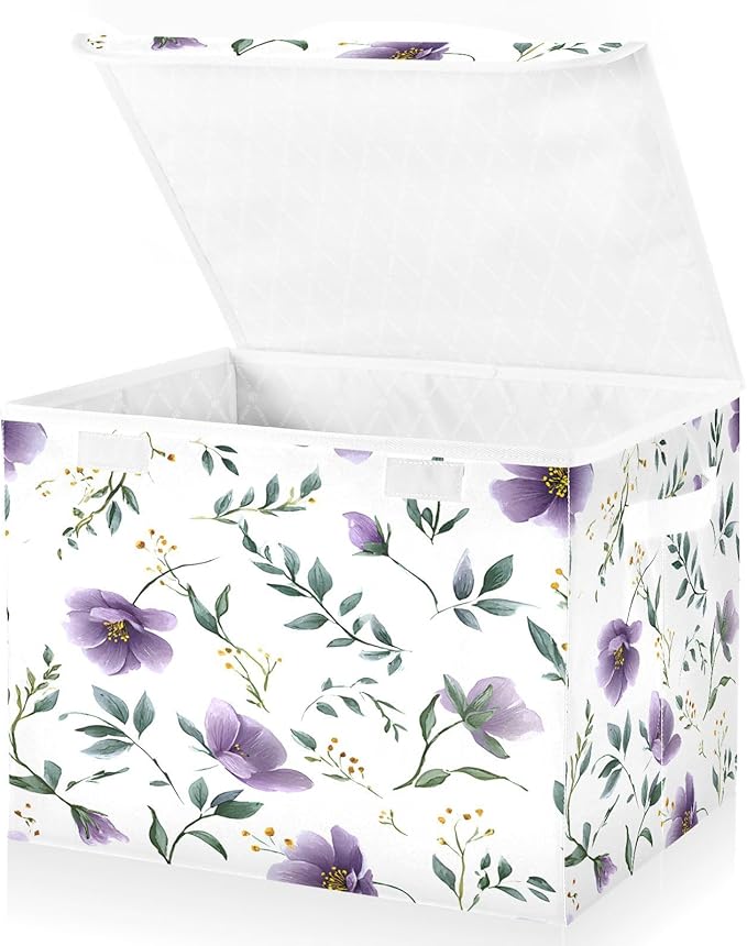 senya Baskets Collapsible Storage Bins with Lids Purple Flower Leaves Storage Boxes Clothes Baskets for Organizing