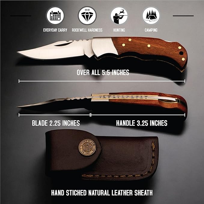 Babu Butt &amp CO Damascus Steel Folding Hunting Knife Set (2-Piece) Rosewood Handle Pocket Knife Handmade EDC Knife for Camping Survival &amp Outdoor Use Gift for Dad Groomsmen Father's Day