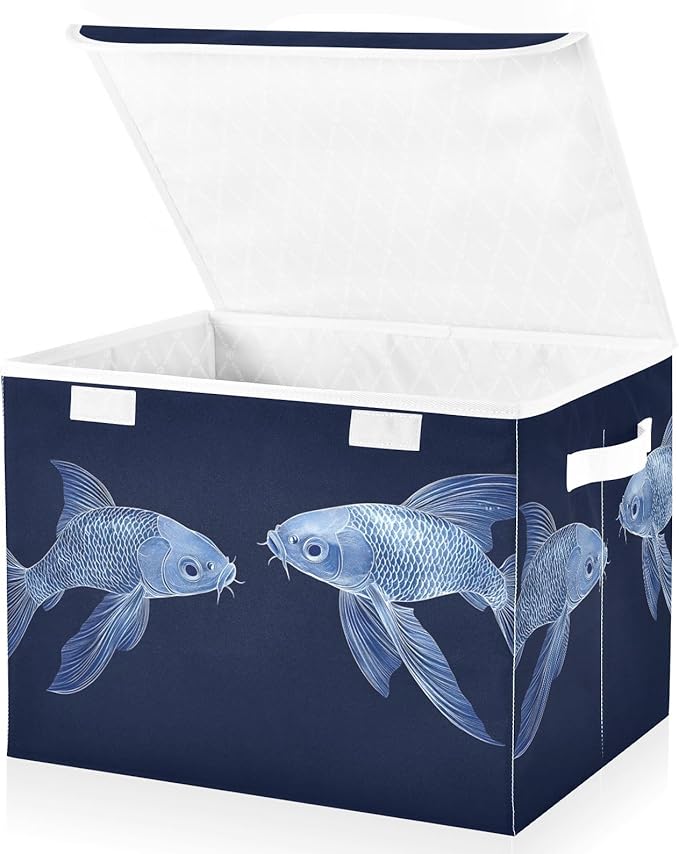 AIXIWAWA Lidded Storage Cube (Fishes Blue) Fabric Foldable Closet Bins with Flip Lid and Handles Organizer Basket Container 16.5 x 12.6 x 11.8 IN
