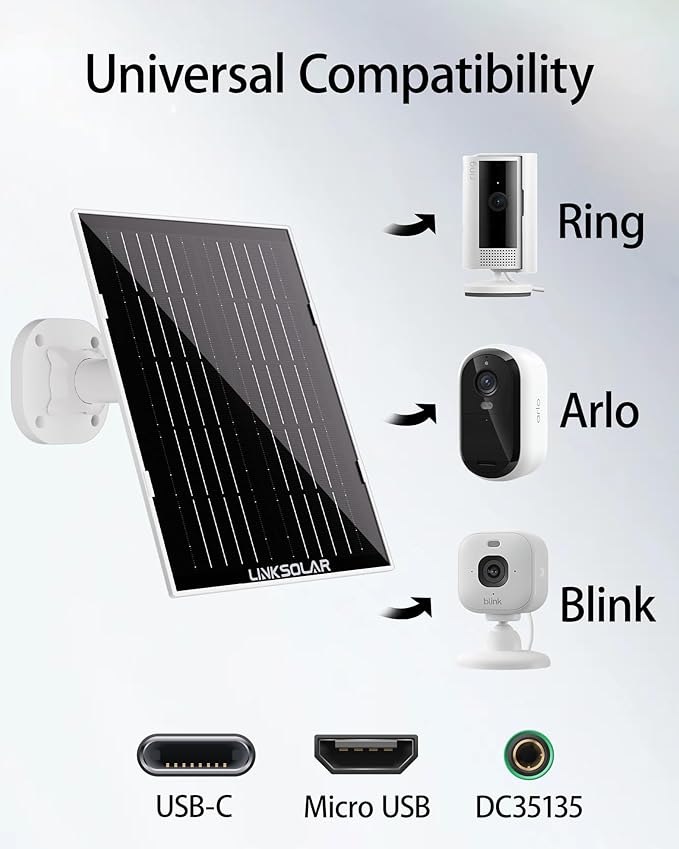 Solar Panel for Security Camera Outdoor 5W Solar Charger with Micro USB DC &amp USB-C Port for Outdoor Rechargeable Battery Camera IP65 Waterproof 9.8ft Cable 360°Adjustable Bracket