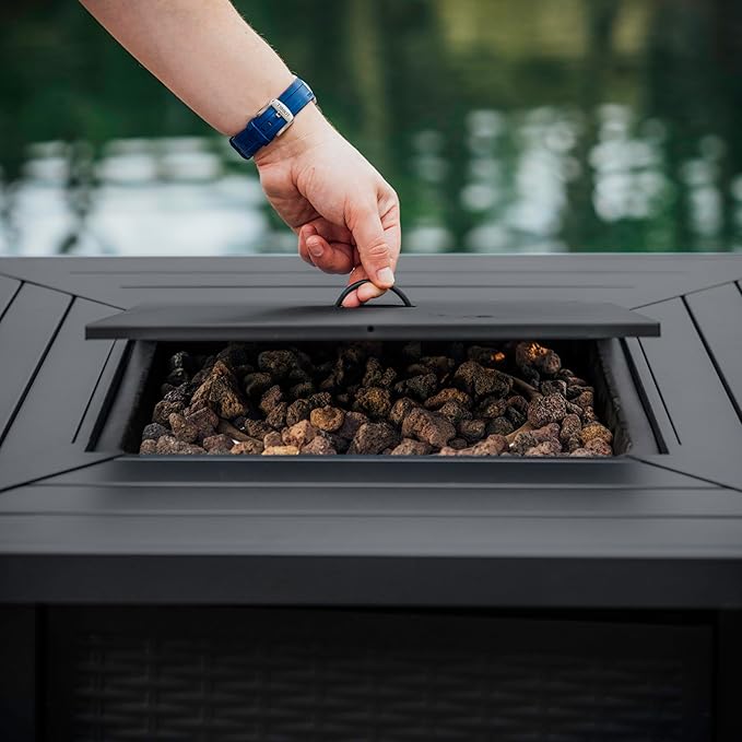 Nestl 28 Inch Fire Pit for Outdoor - 40000 BTU Outdoor Propane Fire Pit Table with Lid Rain Cover &amp Lava Rocks - Patio Fire Pit Table for Backyard Gatherings - Black