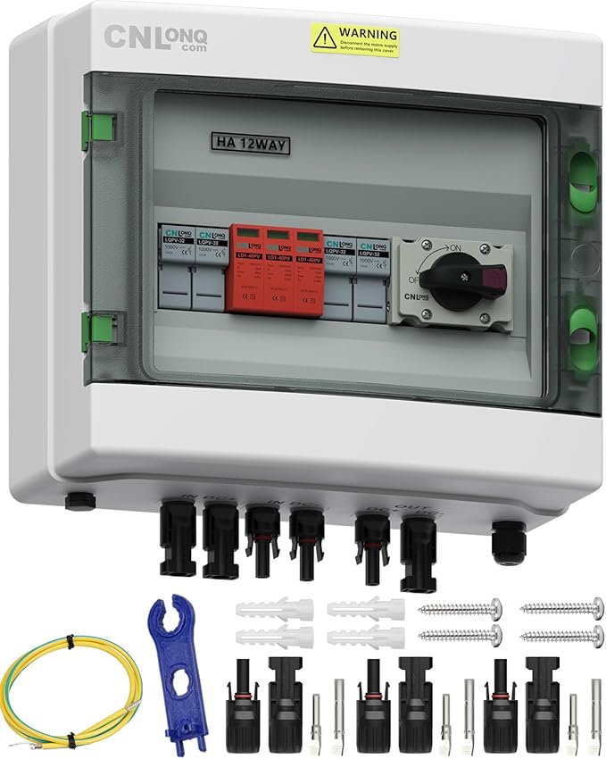 2 String Solar PV Combiner Box 2 in x20A 1 Out x 32A IP65 DC1000V 32A Disconnect Switch with Surge Protector and 20A PV Fuse Circuit Breaker Outdoor IP65 Waterproof for Solar Panels System