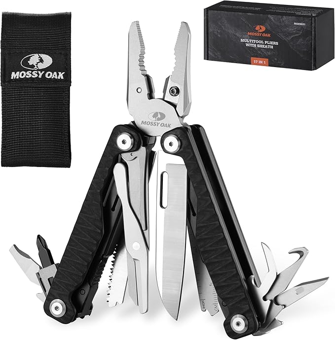 MOSSY OAK Multitool 17-in-1 EDC Multi Tool with CNC-Machined Steel Pliers G10 Anti-Slip Handle Nylon Sheath &amp Belt Clip – Durable MultiTool for Camping Hiking Hunting Survival and Everyday