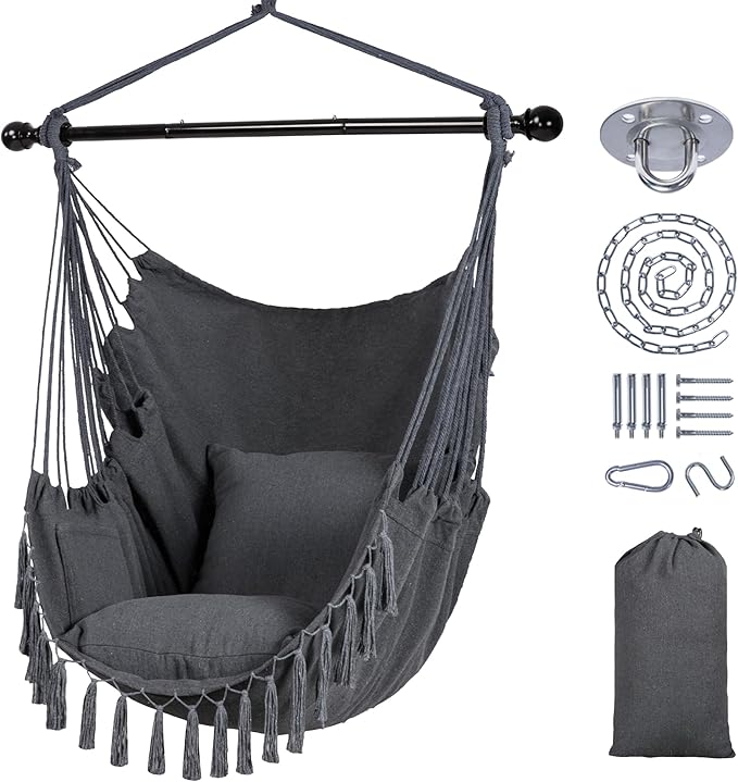SUNCREAT Hammock Chairs Hammock Chair Swing with Steel Support Bar Side Pocket Large Swing Chair for Bedroom Patio Garden Dark Gray