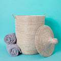 Medium White Basket with Lid for Towels Bathroom Bedroom Handwoven Baskets 15 Inch Wide 19 Inch Tall