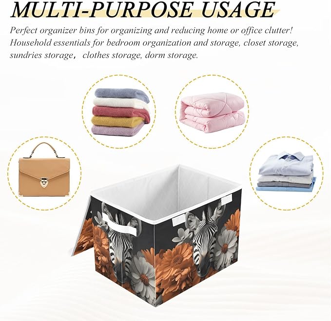 AIXIWAWA Lidded Storage Cube (Zebra Floral) Fabric Foldable Closet Bins with Flip Lid and Handles Organizer Basket Container 16.5 x 12.6 x 11.8 IN