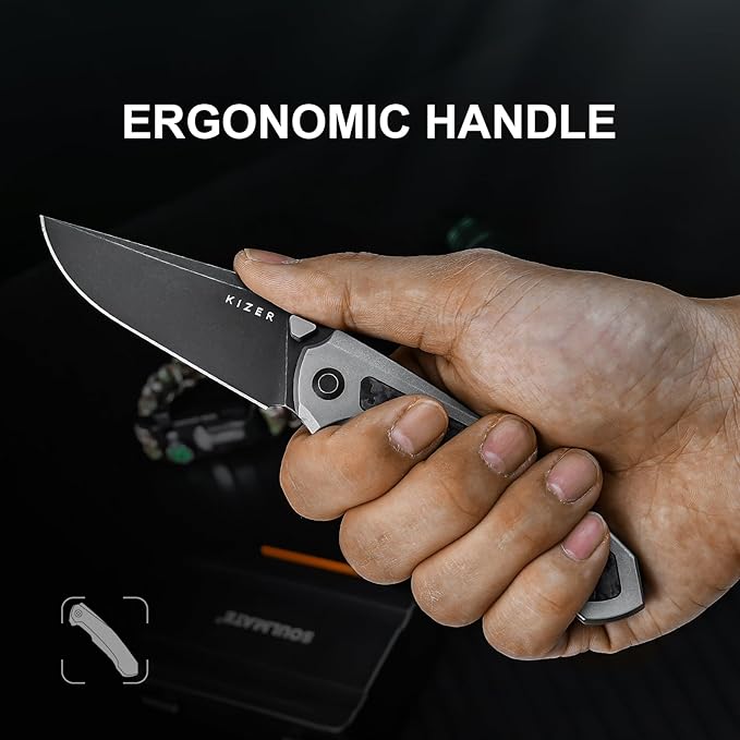 Kizer Feweed Pocket Knife 2.98 S35VN Clip Point Blade Folding Knife with Titanium &amp Fat Carbon Purple Haze Handle Front Flipper &amp Thumb Stud Opener EDC Knives for Camping Hiking KI3694A1