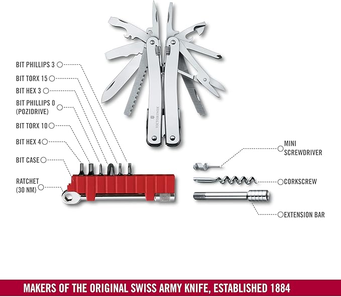 Victorinox Swiss Tool Spirit X Plus Ratchet Swiss Army Knife 36 Function Swiss Made Multi-Tool with Needle-nose Pliers and Leather Pouch - Silver
