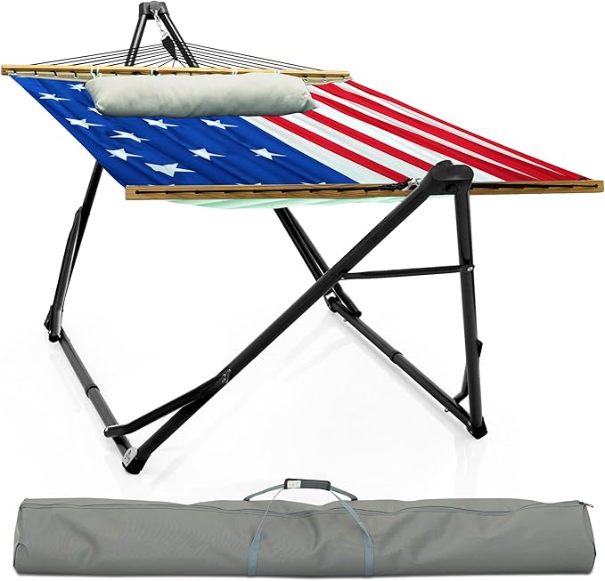 Tranquillo Unity Adjustable Hammock Stand 800 lbs Capacity Steel Double Hammock Stand for 2 Persons Premium Pre-Assembled Stand for Indoor Outdoor (American Flag)