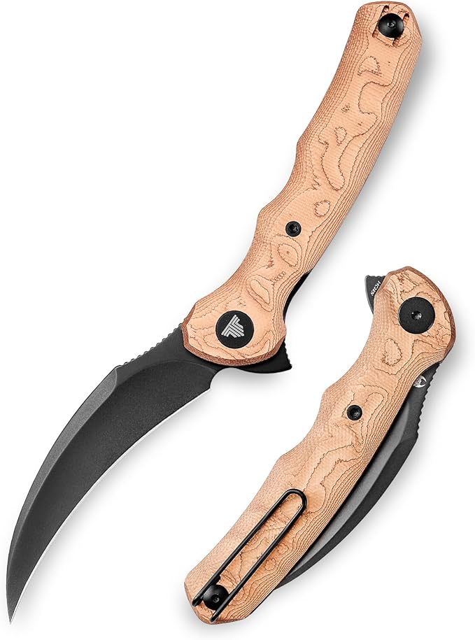 TRIVISA EDC Pocket Pikal Knife for Men Hawkbill Folding Flipper Knife with Clip3.34 14C28N Steel BladeCopper Foil HandleOutdoor Camping Lacerta-CU