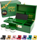The OG Stash Storage Box - Large Bamboo Box with Combination Lock Magnetic Lid Organizer Tray 3 Jars and Brush - Portable Decorative Wooden Lock Kit with Accessories (Green/Gold)