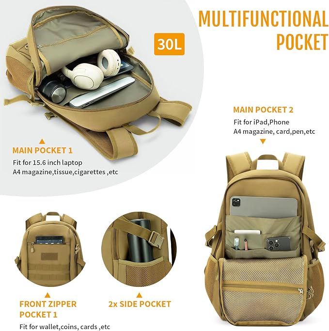 HUNTVP 10L/20L/30L Tactical Backpack Military MOLLE Backpack Rucksack Gear Tactical Assault Pack for Hunting Camping Trekking (30L-Dark Brown)