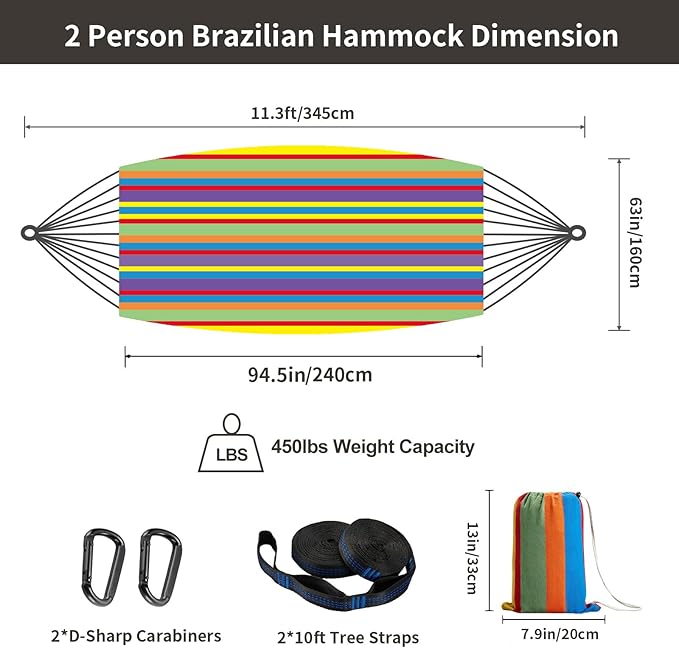 CHULIM Brazilian Double Hammock with Tree StrapsExtra Large 94x63IN2 Persons Hammock for Backyard Patio Outdoor and Indoor450lbs Weight CapacitySoft Woven Cotton Fabric - Tropical