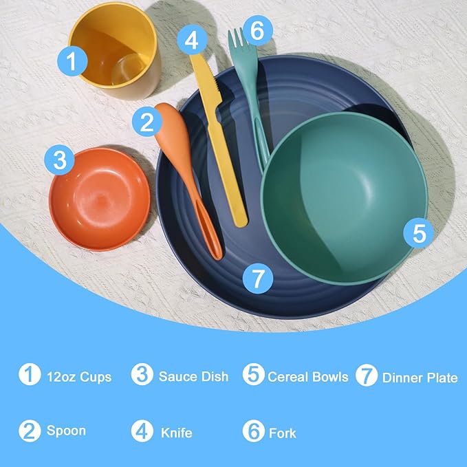 Wrova Wheat straw plates and bowls sets with cutlery - Unbreakable wheat straw dinnerware sets of 28 - Microwave safe platesbowlscups for campingkitchennew apartment.Colorful