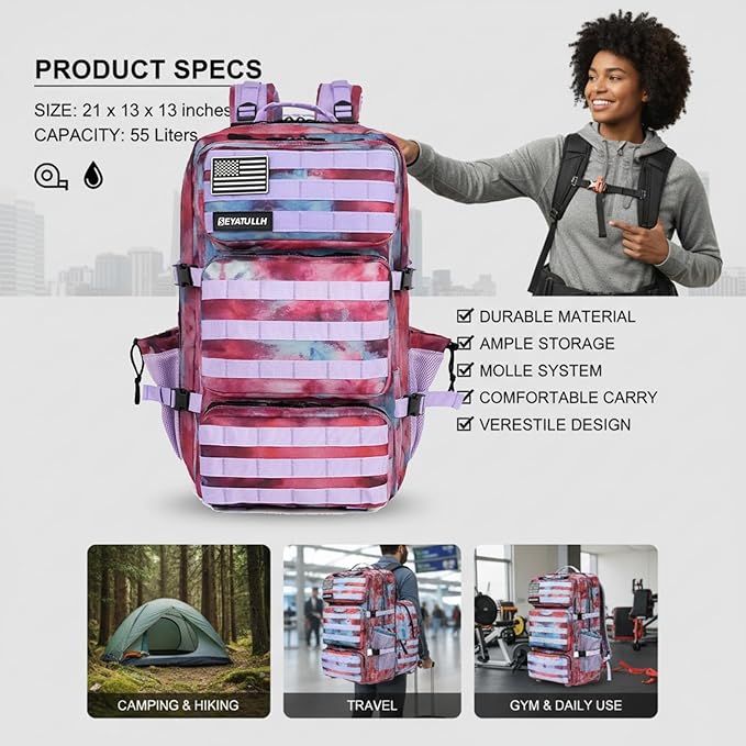 Military Tactical Backpack 55L for Men &amp Women Bug Out Bag Assault pack Molle Daypack Hiking Trekking Rucksack (Nebula camouflage)