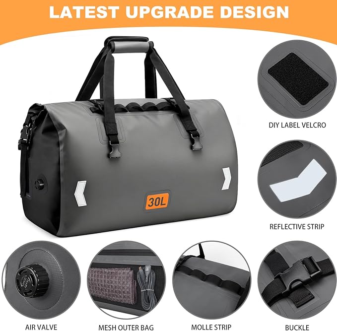 OCKLILY Waterproof Dry Bag 30L Roll-top Motorcycle Tail Bag with Air Valve &amp Quick-fixed Straps Travel Duffle Bags for Kayaking Paddle Boarding Rafting Boating Camping Riding Fishing - Grey