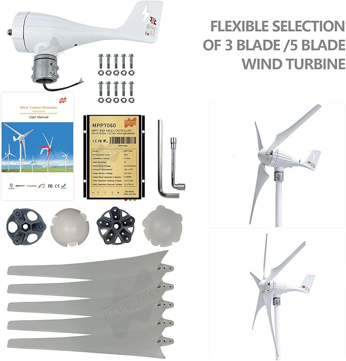 Small Wind Turbine Wheel Hub and Cap 3 Vanes Blades Screws &amp Nuts Kit for Horizontal Wind Turbine Generation DIY 100W to 1000W Small Windmill Accessories Parts (5 blades)