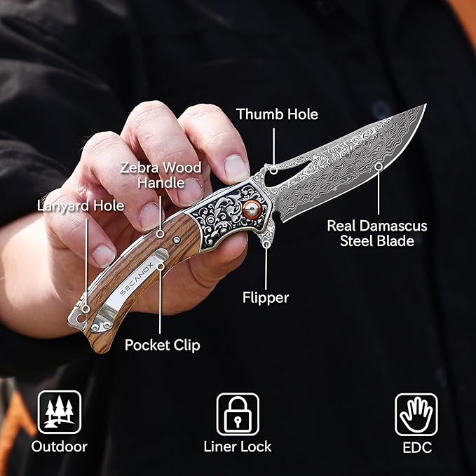 Damascus Pocket Knife with Wooden Handle Sharp 3.54 Damascus Steel Blade Folding Knives for EDC Camping Hiking Outdoor Collection