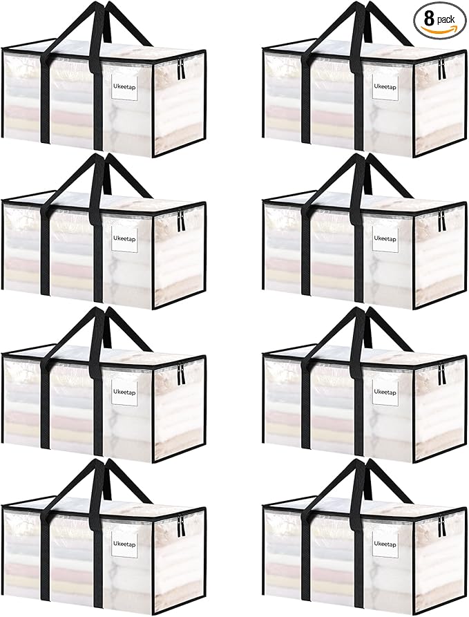 8 Pack Extra Large Heavy Duty Moving Bags Clear Storage Bins with Lids Reinforced Handles &amp Heavy-Duty Zippers Moving Boxes Storage Bags Totes for Clothes Packing Dorms College Supplies Clear
