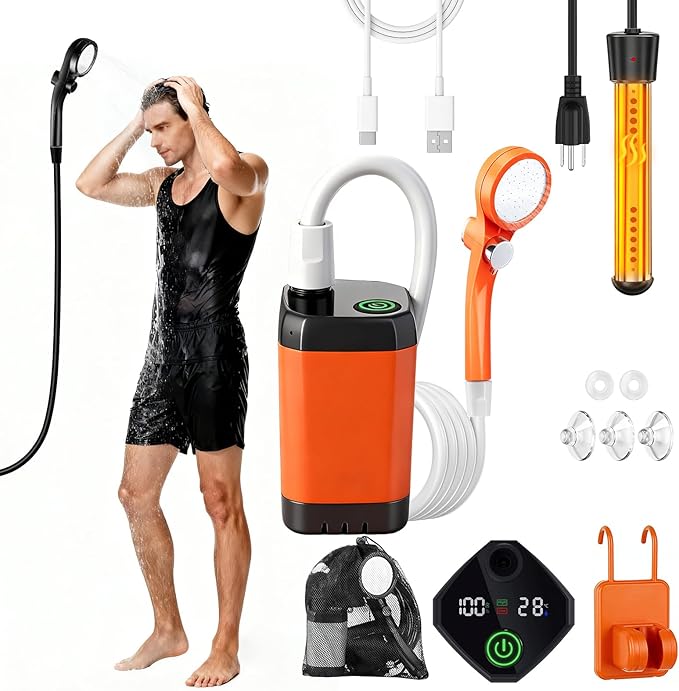 Camping Shower with Heater Portable – 6000mAh Rechargeable Hot Water Shower Pump with LED Display 3 Spray Modes for Outdoor Camping RV Pet Bath Car Wash Travel
