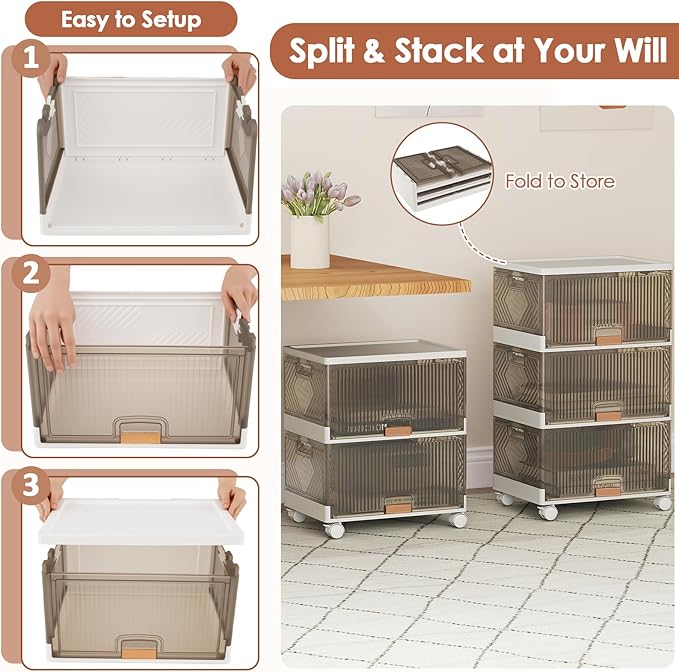 Giantex 3 Tier Stackable Storage Bins with Lids 13.5 Gal Foldable Shoe Storage Box with Detachable Wheels &amp Flip-Up Doors Collapsible Closet Organizers and Storage Bins