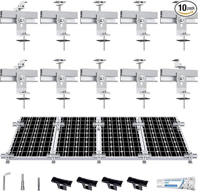 Solar Panel Mounting Bracket Kit 10Pcs Solar Panel Mount for 1-4pcs Thickness 1.4” Solar Panels with 10x 6 mini Rails 4X Water Drain Clips for ShingleSlateMetal and Tin roof