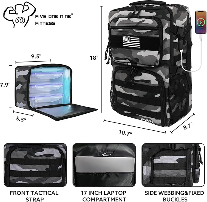 519 Fitness [Tactical All-Around] Modular Meal Prep Backpack - Grey Camouflage - Fits 17 Laptop - Removable Meal Part Hydration Bladder 3 Containers 2 Ice Packs &amp US Flag Patch