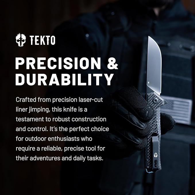 TEKTO F1 Alpha Folding Pocket Knife - Modified Straight Back BladeTitanium Coated D2 Steel Ideal for Outdoor Camping and Backpacking Tactical Carbon Fiber Handle Blue Titanium Accents
